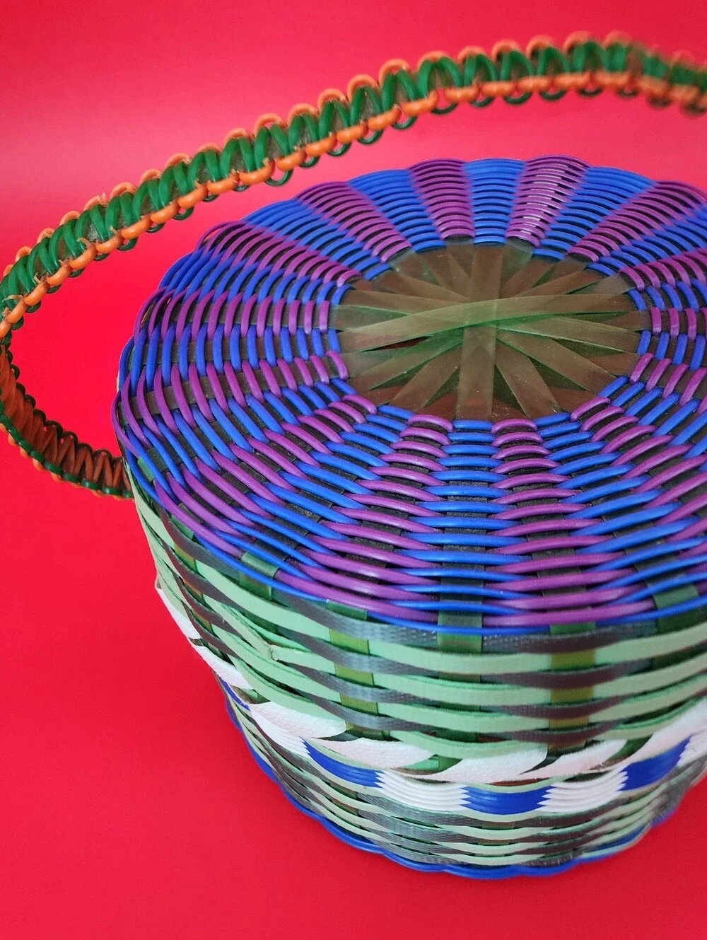 Handwoven From Recycled Colorful Plastic Straps in Geometric Design All Purpose